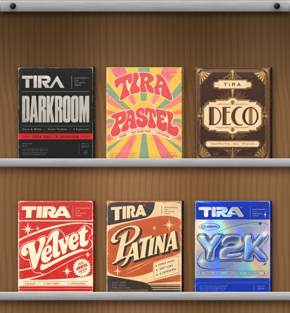 Six TIRA film boxes on a teak shelf: Darkroom, Pastel, Deco, Velvet, Patina and Y2K